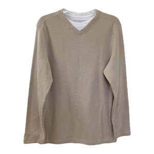 Denver Hayes Sweater Classic Fit V Neck Tan Faux Tee Men’s Small